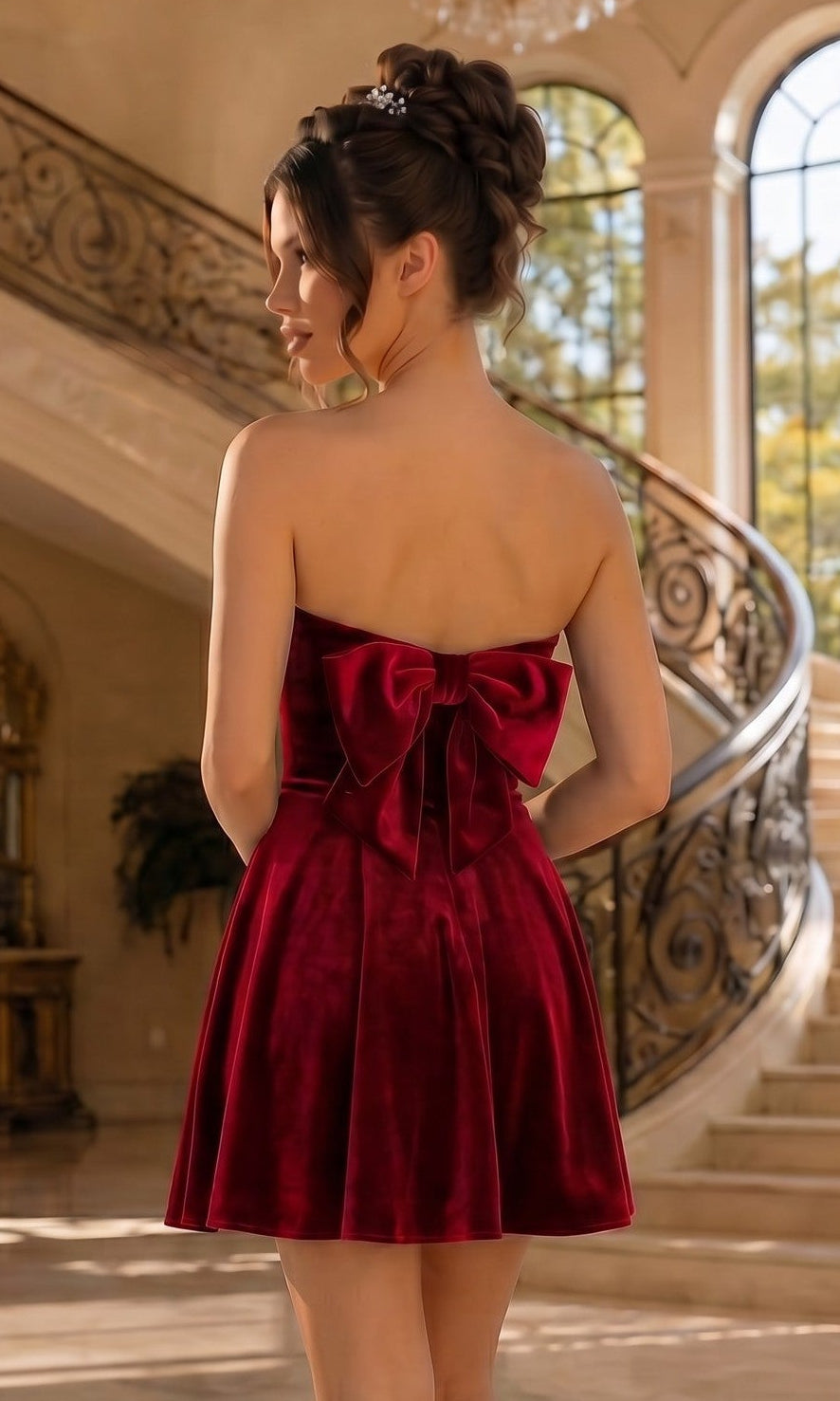 A woman with an updo wears the red Short Velvet Hoco Dress: Blondie Nites 5718BN, a strapless mini dress with a large back bow, standing indoors near a staircase.